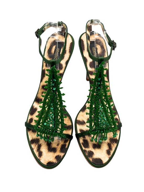 Roberto Cavalli Shoes - Roberto Cavalli Y2K Green Beaded Leopard Print Heels Runway Sandals Sz 8.5 39